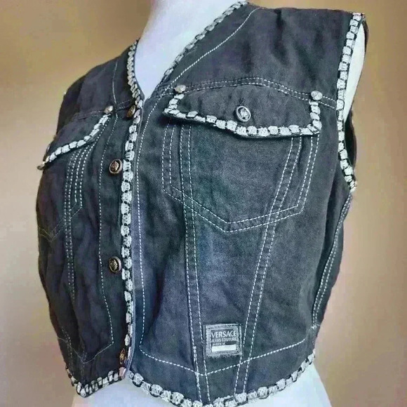 Authentic Versace Denim Vest | Rare Vintage Silver Threaded Designer Black Vest - Picture 5 of 9